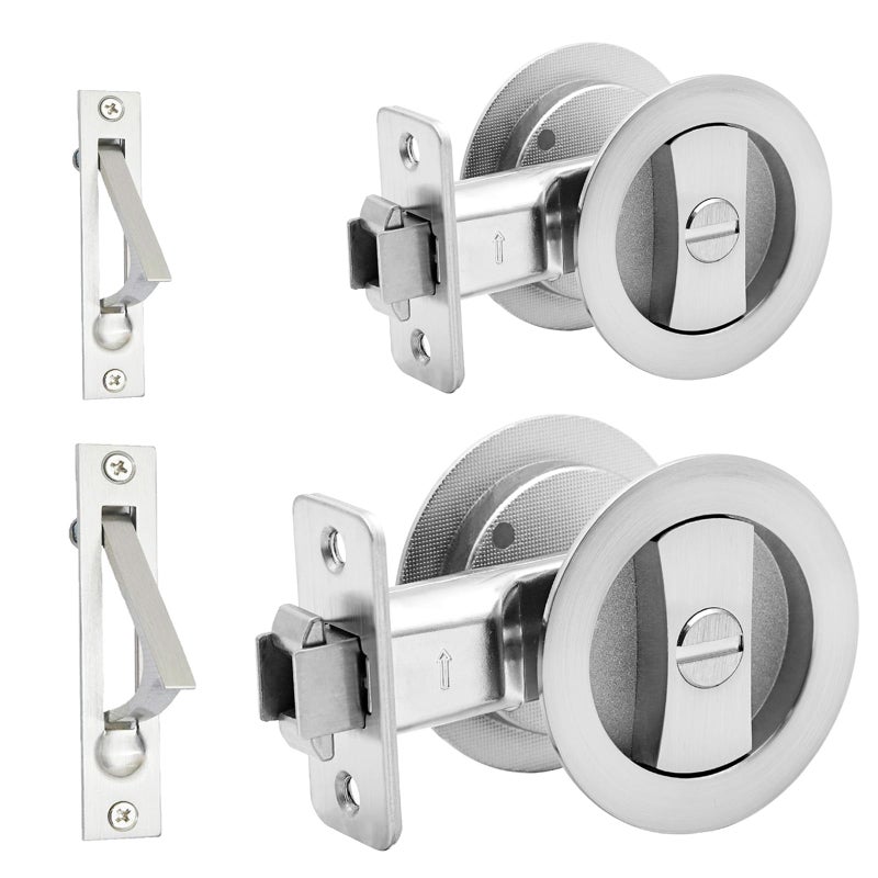 Dontay 2 Pack Pocket Door Privacy Lock Flush Handles 238 Backset BedBath Latch Recessed Knob Hardware for 1 38 to 2 316 Thickness Door Including Edge Pull Brushed Nickel Round - Image 2
