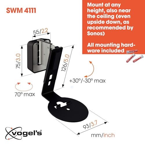 Vogel's SWM 4111 Speaker Wall Bracket for Sonos ERA 100, Max. 11 lbs (5 kg), Tiltable -30º/+30º, Swivels up to 70º (Left/Right), Black, 1 Bracket - Image 5