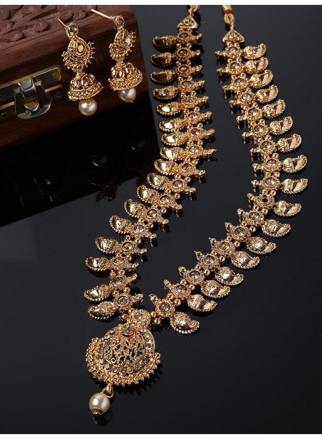 سوكهي طقم قلادة طويلة مرصعة بالخرز النحاسي المطلي بالذهب من Sukkhi Classical Temple مع أقراط Jhumke | طقم مجوهرات للنساء (NS105657) - Image 4