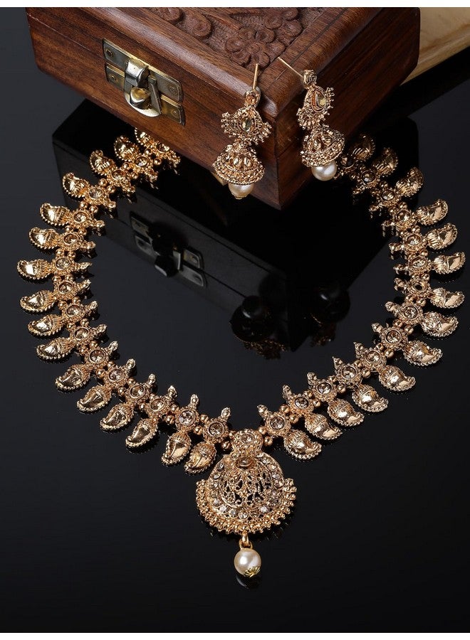 سوكهي طقم قلادة طويلة مرصعة بالخرز النحاسي المطلي بالذهب من Sukkhi Classical Temple مع أقراط Jhumke | طقم مجوهرات للنساء (NS105657) - Image 3
