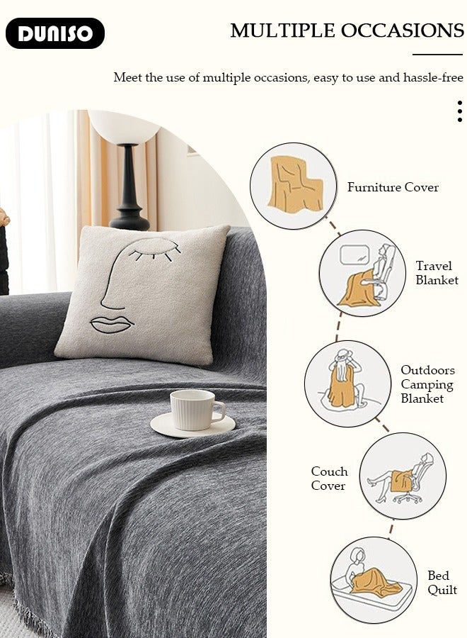 DUNISO غطاء أريكة شنيلا مزدوج الجوانب، غطاء أريكة أنيق، تصميم طباعة خطية، منشفة أريكة شنيلا مزدوجة الجوانب، غطاء أريكة شنيلا لأربعة مواسم متاح على الجانبين (130*180 سم) - Image 3