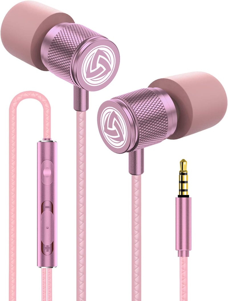 LUDOS Ultra Wired Earbuds in-Ear Headphones, 5 Years Warranty, Earphones with Microphone, Noise Isolating Ear Buds, Memory Foam for iPhone, Samsung, School Students, Kids, Women, Small Ears - Pink - Image 1