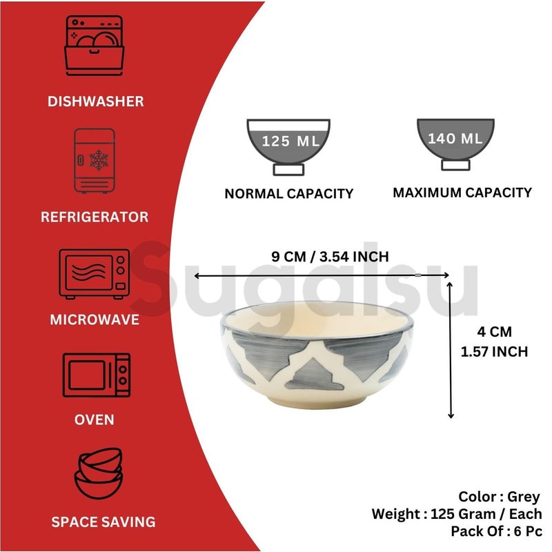 Sugalsu Cereal Bowls, Ceramic Soup Bowls, Set of 6,125ML Colorful Soup and Salad Bowls for Kitchen, Bowl Set for Cereal, Salad, Dessert, Ice Cream, Soups, Noodles, Snacks, Dal, Curry (Grey) - Image 2