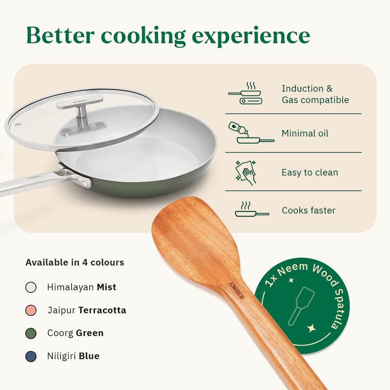 Ember Cookware Arcilla Ceramic Egg Pan 20cm | Non Stick Non Toxic Omelette Pan with Glass Lid | ISI Certified | Ceramic Cooking Pan | Steel Handle | PFAS & PTFE Free | Induction Safe | Green - Image 3