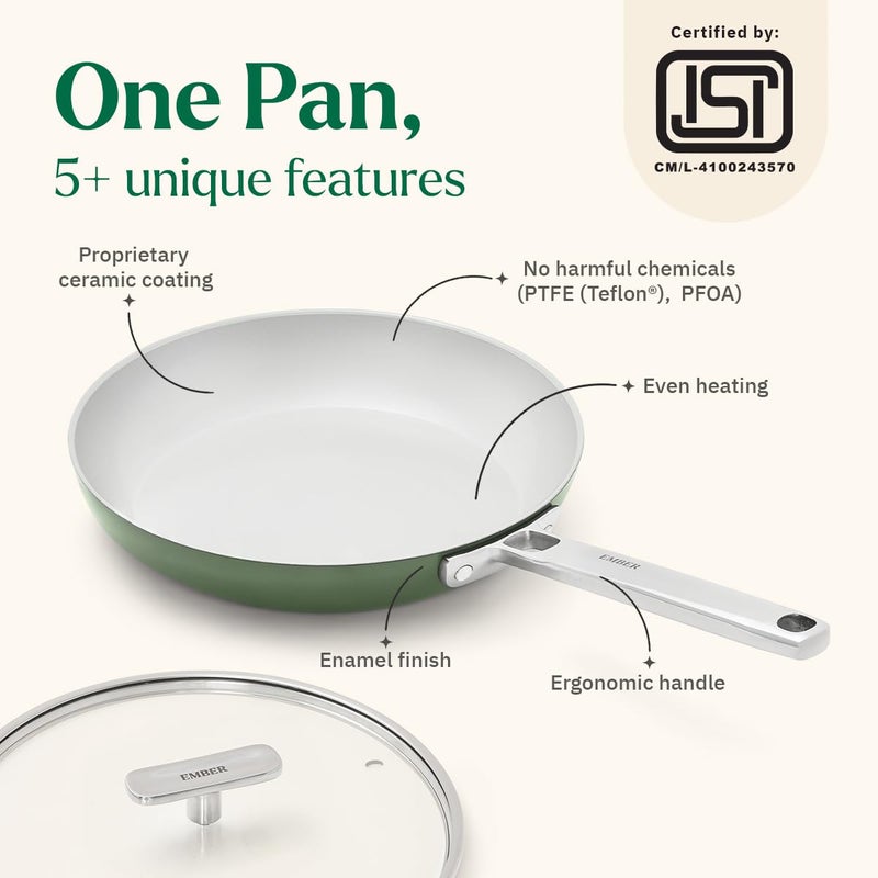 Ember Cookware Arcilla Ceramic Egg Pan 20cm | Non Stick Non Toxic Omelette Pan with Glass Lid | ISI Certified | Ceramic Cooking Pan | Steel Handle | PFAS & PTFE Free | Induction Safe | Green - Image 2