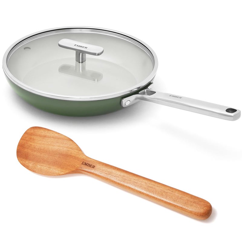 Ember Cookware Arcilla Ceramic Egg Pan 20cm | Non Stick Non Toxic Omelette Pan with Glass Lid | ISI Certified | Ceramic Cooking Pan | Steel Handle | PFAS & PTFE Free | Induction Safe | Green - Image 1