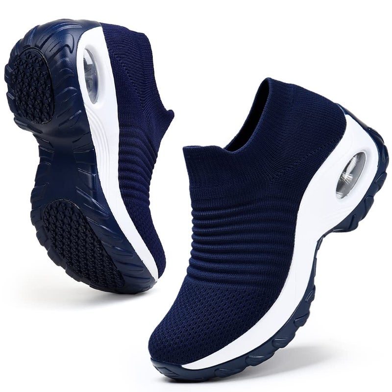 HKR Womens Slip On Sneakers Breathe Mesh Lightweight Platform Walking Shoes Navy Blue 7.5(ZJW1839shenlan39) - Image 1