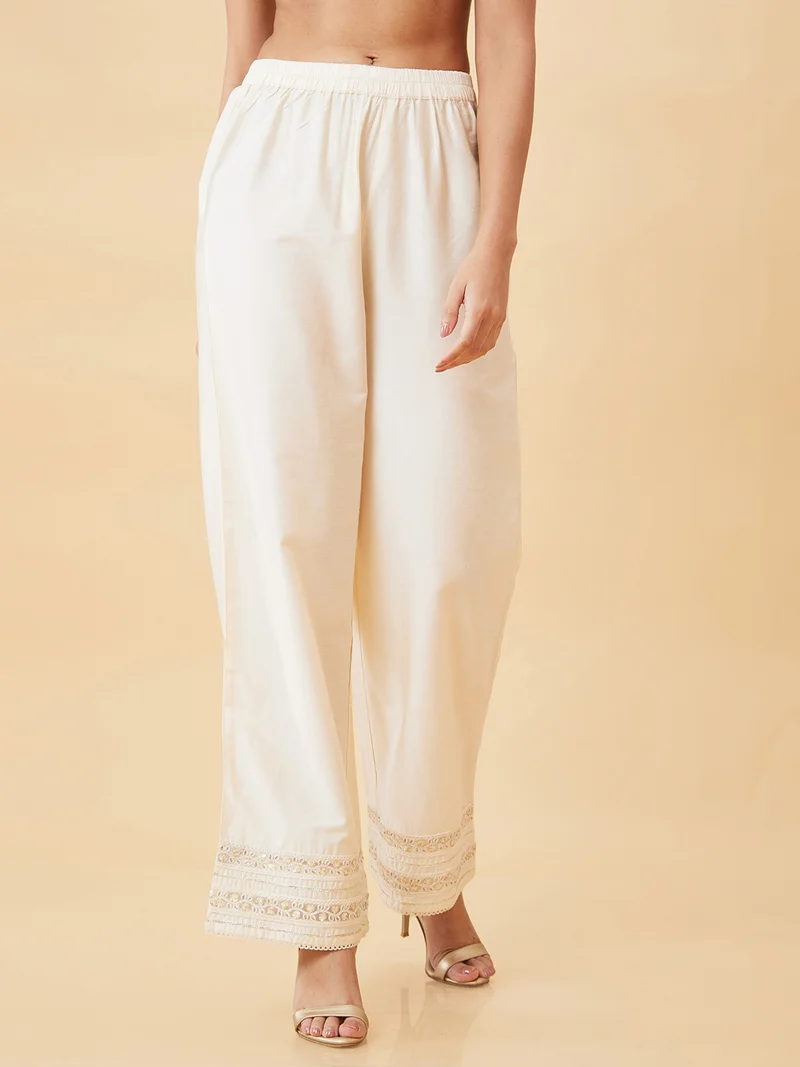 جلو باص جلوبس نسائي بتصميم دانتيل عند الحافة وخصر مطاطي بنطلون بالازو مستقيم