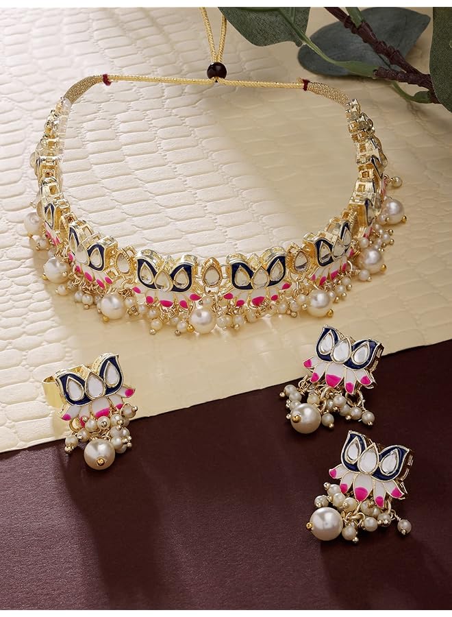 erorex Blue And Pink Meenakari Lotus Design Choker Necklace Earring And Ring Set For Women Zpfk14435 - Image 3