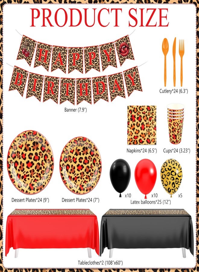 THAWAY Cheetah Print Birthday Decorations, 210Pcs Leopard Birthday Decorations Includes Cheetah and Cherry Print Balloons, Tableware, Banner Red and Black Party Decorations Supplies for Women Party - Image 2