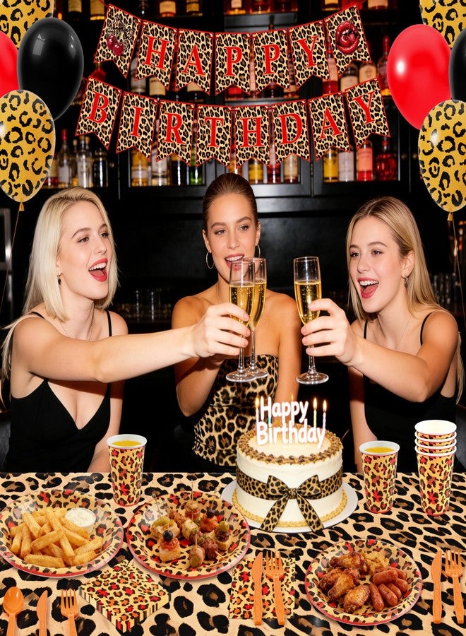 THAWAY Cheetah Print Birthday Decorations, 210Pcs Leopard Birthday Decorations Includes Cheetah and Cherry Print Balloons, Tableware, Banner Red and Black Party Decorations Supplies for Women Party - Image 3
