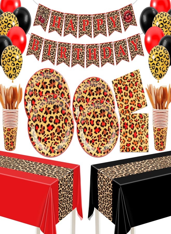 THAWAY Cheetah Print Birthday Decorations, 210Pcs Leopard Birthday Decorations Includes Cheetah and Cherry Print Balloons, Tableware, Banner Red and Black Party Decorations Supplies for Women Party - Image 1