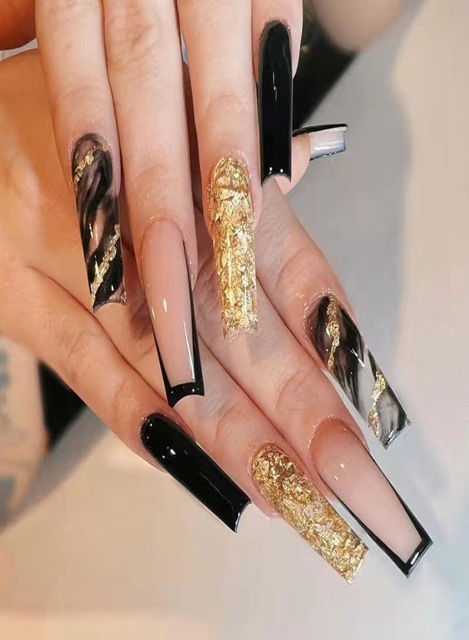 ZOONA 24PCS Everlasting French Long gold Nails Artificial Nails Art Set| Lightweight & Long Lasting| Easy To Use| Quick Fix For Festivals & Special Occasions (0W080) - Image 1