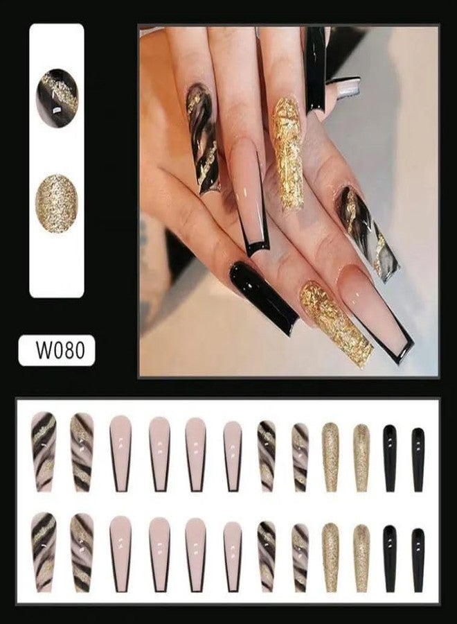 ZOONA 24PCS Everlasting French Long gold Nails Artificial Nails Art Set| Lightweight & Long Lasting| Easy To Use| Quick Fix For Festivals & Special Occasions (0W080) - Image 2