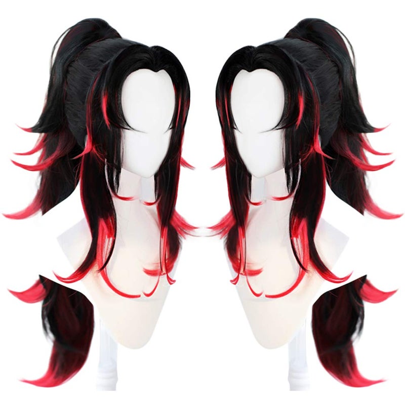 ANOGOL Hair CapTsugikuni Yoriichi Wig Black Wig with Red Hightlight for Anime Cosplay Synthetic Black and Red Wig for Halloween Costume Wig Long Wavy Ponytail Wig Costume for Halloween Party Wig