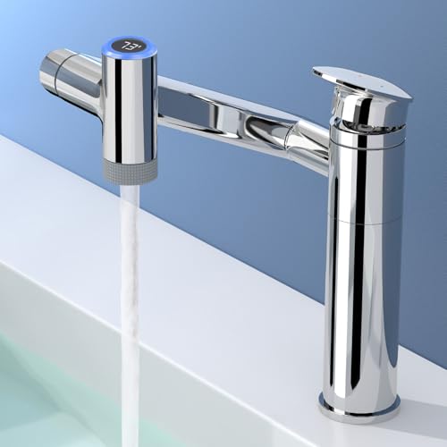 SINGSUO 1080°Rotatable Bathroom Vanity Faucet 1 Hole, Height Adjustable Single Handle Sink Faucet Bathroom with 2 Water Outlet Modes, Bar Sink Tap with Temperature Display (Chrome) - Image 1