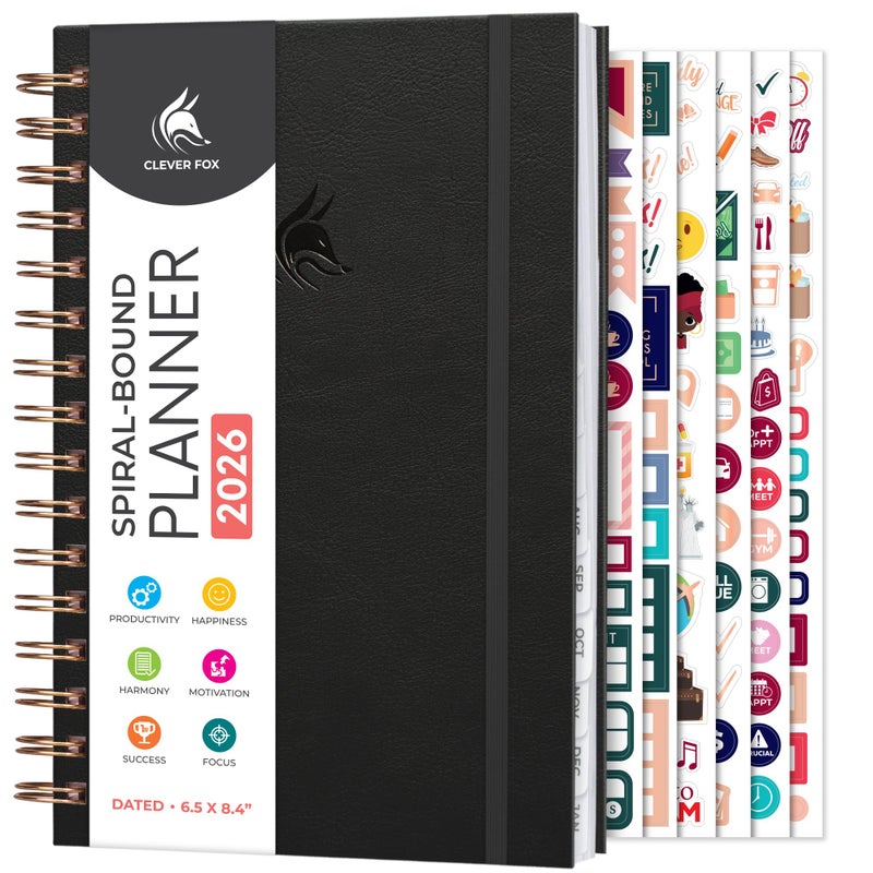 Clever Fox Dated Planner with Tabs 2026 â€“ Weekly & Monthly Spiral Planner with Habit Tracker for Goal Setting & Time Management (Black) - Image 1