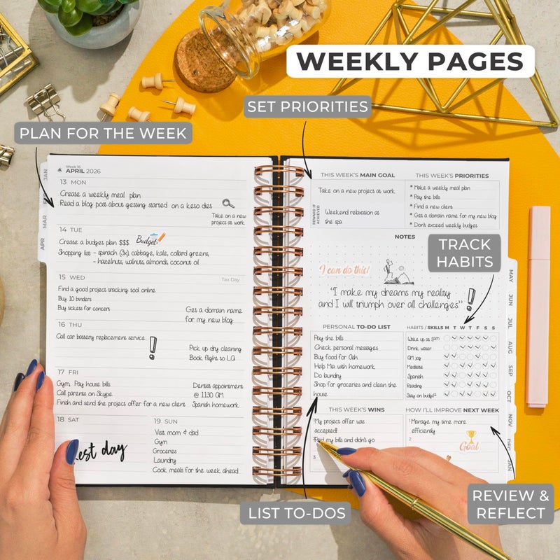 Clever Fox Dated Planner with Tabs 2026 â€“ Weekly & Monthly Spiral Planner with Habit Tracker for Goal Setting & Time Management (Black) - Image 3
