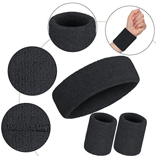WILLBOND 3 Pcs Sweatbands Set 80s 90s Neon Sports Headband Tennis Striped Sweat Band Sports Competitions Games for Men Women Party Supplies(Black,Solid Style) - Image 3