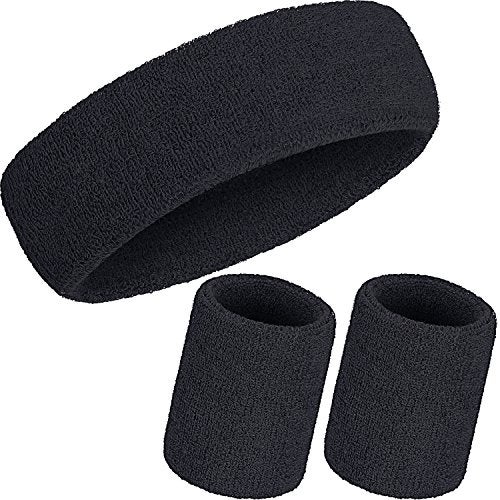 WILLBOND 3 Pcs Sweatbands Set 80s 90s Neon Sports Headband Tennis Striped Sweat Band Sports Competitions Games for Men Women Party Supplies(Black,Solid Style) - Image 1