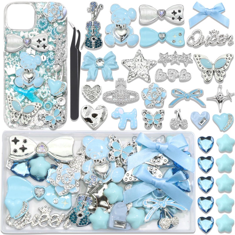 BELICEY Blue Junk Case Charms Kawaii Bow Guitar Charms for Phone Cases Silver Butterfly Rhinestone Junk Case Kit 3D Resin Heart Star Flatback Pearls Customizing DIY Craft - Image 1