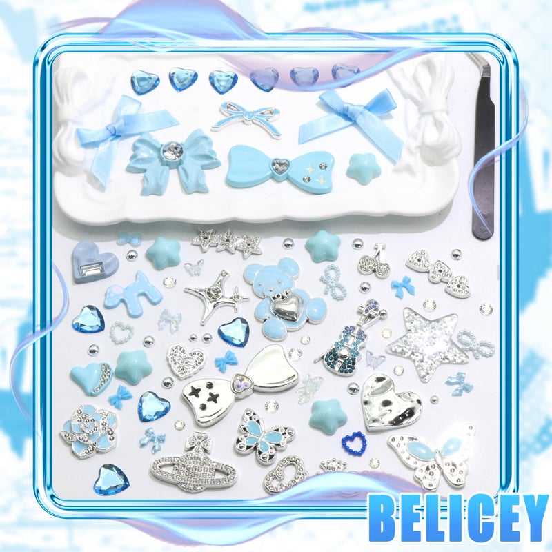 BELICEY Blue Junk Case Charms Kawaii Bow Guitar Charms for Phone Cases Silver Butterfly Rhinestone Junk Case Kit 3D Resin Heart Star Flatback Pearls Customizing DIY Craft - Image 5