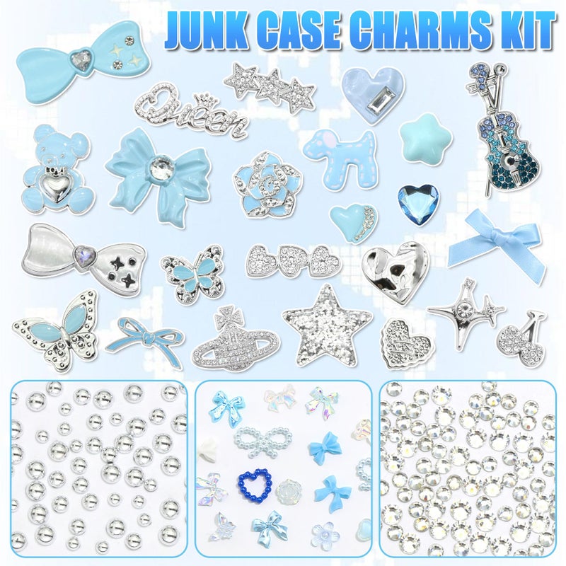 BELICEY Blue Junk Case Charms Kawaii Bow Guitar Charms for Phone Cases Silver Butterfly Rhinestone Junk Case Kit 3D Resin Heart Star Flatback Pearls Customizing DIY Craft - Image 2