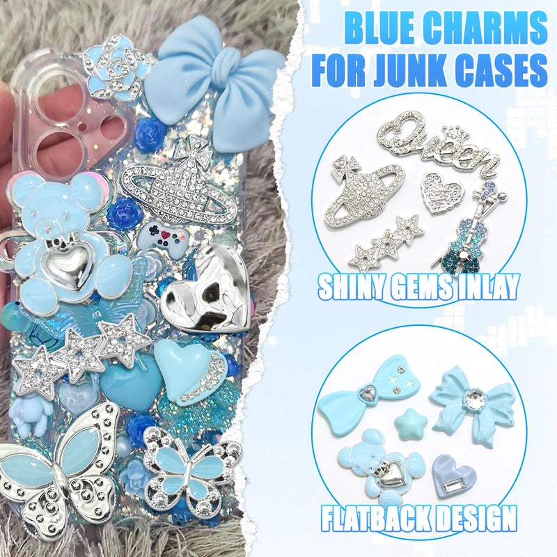 BELICEY Blue Junk Case Charms Kawaii Bow Guitar Charms for Phone Cases Silver Butterfly Rhinestone Junk Case Kit 3D Resin Heart Star Flatback Pearls Customizing DIY Craft - Image 3