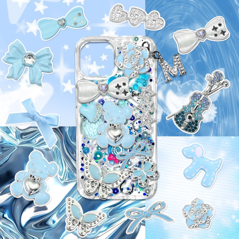 BELICEY Blue Junk Case Charms Kawaii Bow Guitar Charms for Phone Cases Silver Butterfly Rhinestone Junk Case Kit 3D Resin Heart Star Flatback Pearls Customizing DIY Craft - Image 4