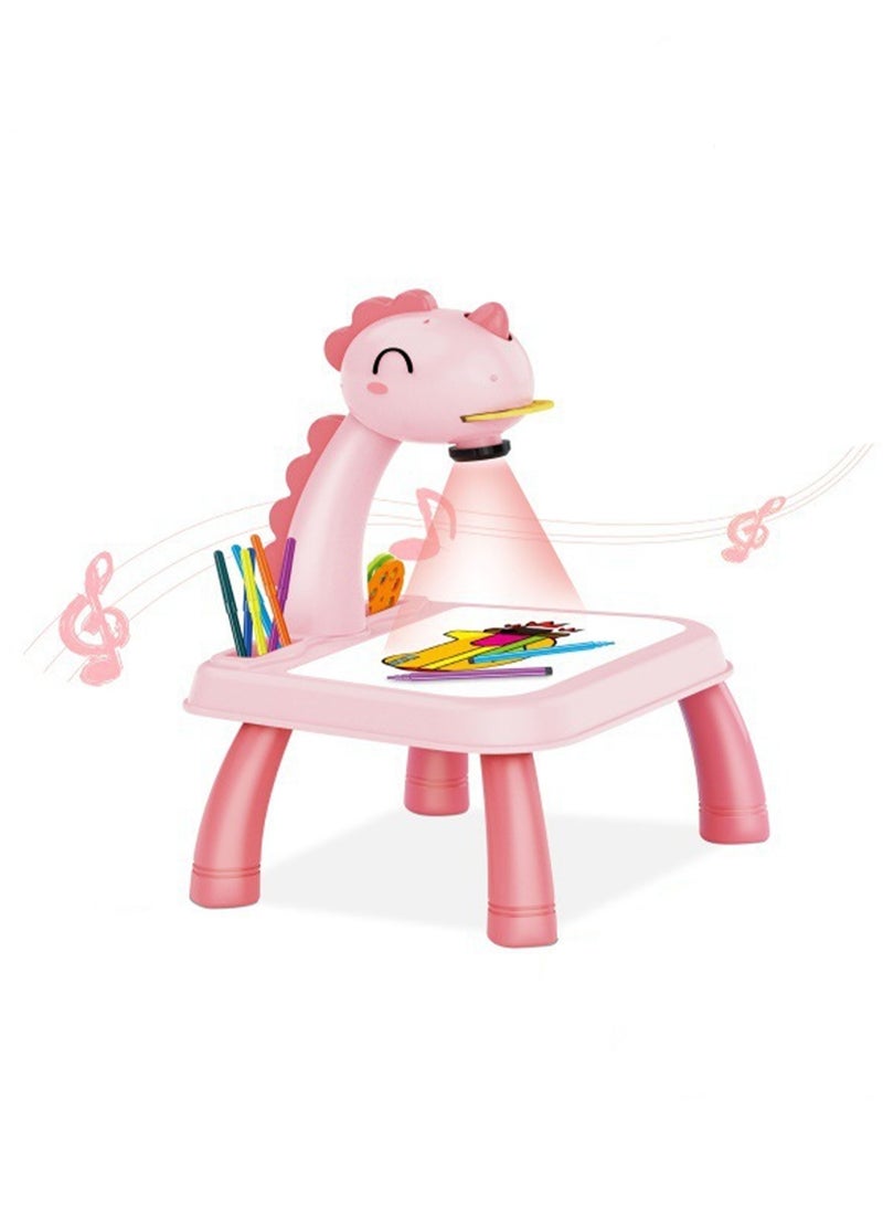 Pink Dinosaur Projection Table, Children'S Drawing Projector With Flashlight Slide Projector Toy, Tracing Sketch Table With Light Music, Suitable For Early Art Learning Game Gifts - Image 1