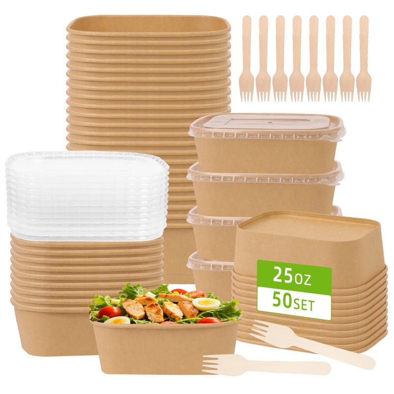 DeziWood 50 Pack 25 oz Paper Food Containers with Lids, Meal Prep Containers Disposable Large Paper Bowls, Microwavable and Freezer Storage Use Cardboard Food Containers - Image 1