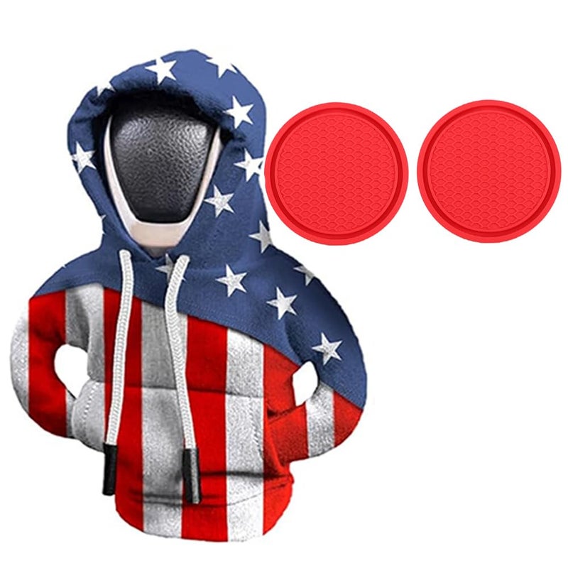 yicheyiyou Car Gear Shift Hoodie Gear Shift Cover Car Cup Coaster Set Universal Car Shift Knob Hoodie Mini Hoodie Automotive Interior Cute Gadgets Accessories US Flag Gear Shift CoverRed Coaster - Image 3