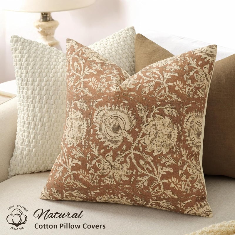 DKwizme Vintage Floral Print Throw Pillow Covers 22x22 Set of 2 Neutral Modern Farmhouse Accent Decorative Cushion Covers Boho Home Decor for Couch Sofa Chair Bed Living Room, Cognac - Image 2