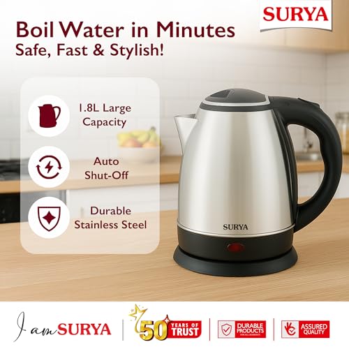 SURYA ROSHNI Aqua-i Electric Kettle 1500W 1.8L Stainless Steel Electric Kettle for Boiling Water, Tea, Coffee & Instant Noodles | Concealed Heating Element | Auto Shut-Off | Fast Heating - Image 2