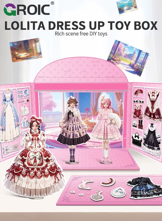 GROIC Magnetic Dress Up Dolls for Girls, Lolita Princess Magnetic Paper Dolls Book with 3D Scenes, Kids Quiet Book Toys Learning Created Imagine Set Gifts for Toddlers, 50+ Clothing Accessories, 8 Scenes - Image 2