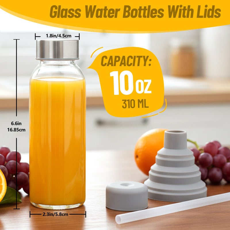 Luxfuel 10 oz Clear Glass Bottle with Lid, Reusable Glass Water Bottles with Stainless Steel Cap & Straws for Juicing, Milk, Ginger & Smoothies, Refrigerator, Leak-Proof, Juice Containers Set of 6 - Image 4