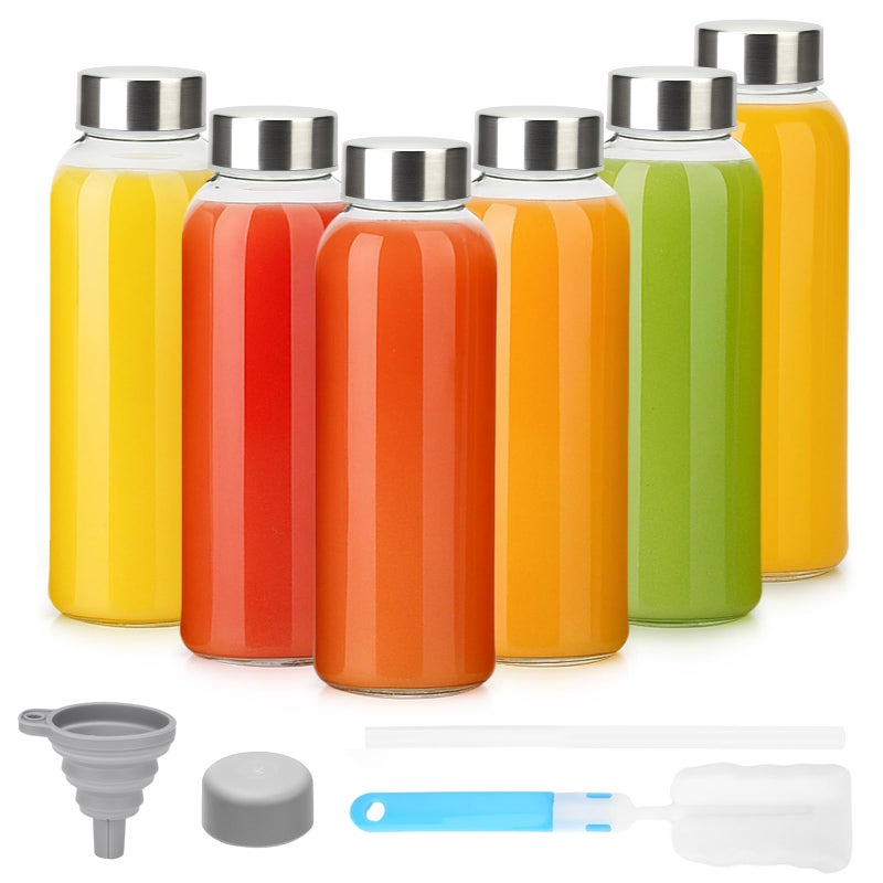 Luxfuel 10 oz Clear Glass Bottle with Lid, Reusable Glass Water Bottles with Stainless Steel Cap & Straws for Juicing, Milk, Ginger & Smoothies, Refrigerator, Leak-Proof, Juice Containers Set of 6 - Image 1