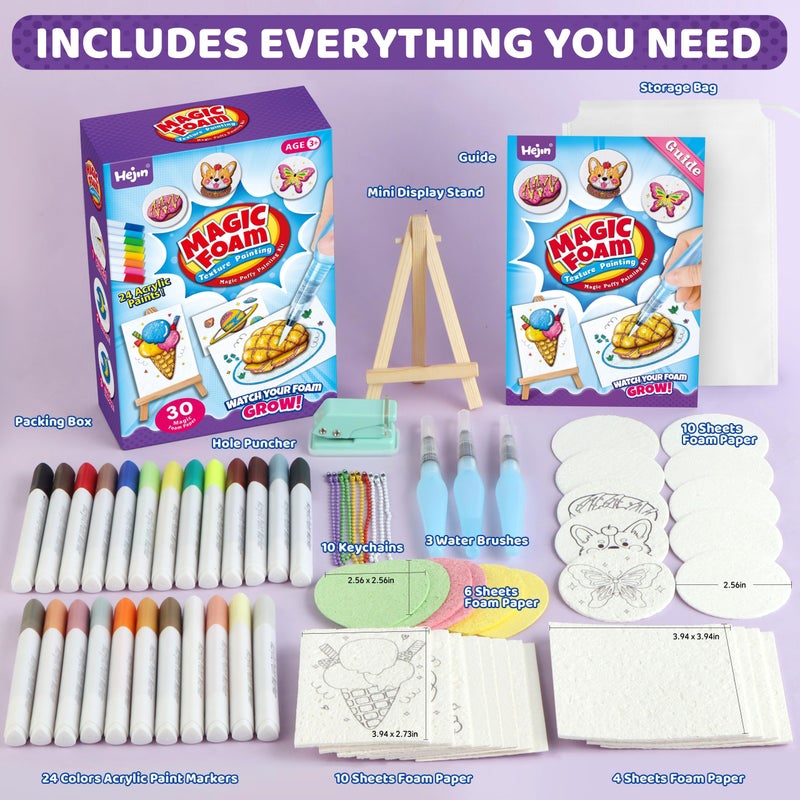 HEJIN 70PCS Magic Foam Texture Painting Kit, Magic Puffy Paint Kit with 30 Foam Texture Paper, 24 Colors Acrylic Paint Markers, Hole Punch Mini Display Stand, 3D Painting Craft Gift for Birthday, Christmas - Image 2