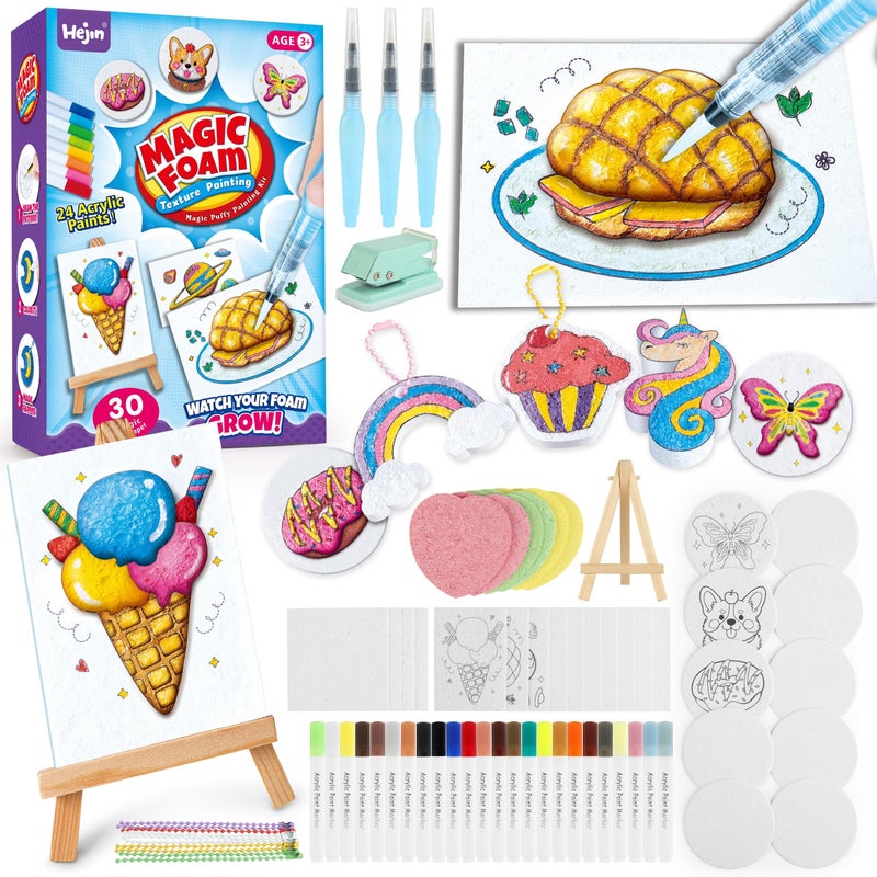 HEJIN 70PCS Magic Foam Texture Painting Kit, Magic Puffy Paint Kit with 30 Foam Texture Paper, 24 Colors Acrylic Paint Markers, Hole Punch Mini Display Stand, 3D Painting Craft Gift for Birthday, Christmas - Image 1