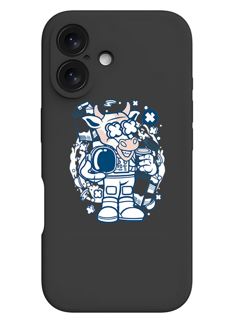 iPhone 16 Black Protective Slim Fit Case Liquid Silicone Cover with Full Body Protection Anti-Scratch Shockproof Case For iPhone - Cow astronaut