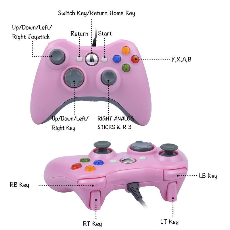 ONE250 USB Wired Game Pad Controller, Compatible with Xbox 360, Xbox 360 Slim, Windows PC - Replacement USB Wired Gamepad (Pink) - Image 2