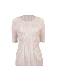 New Summer Simple Korean Style Solid Color Slim Fit T-Shirt With Crew Neck And Slightly Ruffled Top Layer Base Layer Smooths You Nude Pink