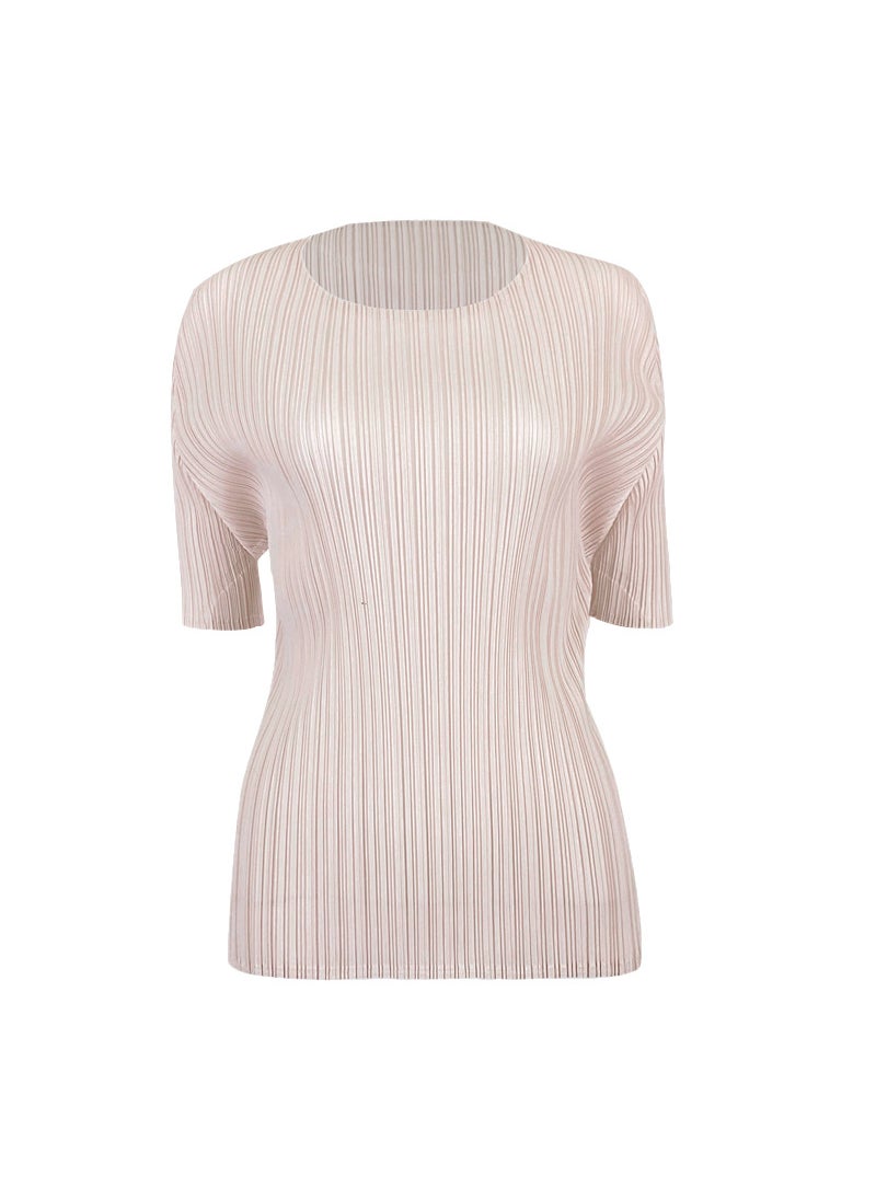 Generic - New Summer Simple Korean Style Solid Color Slim Fit T-Shirt With Crew Neck And Slightly Ruffled Top Layer Base Layer Smooths You Nude Pink - Image 1