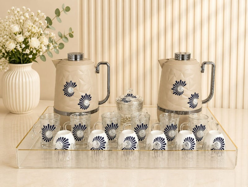 Radin 22 Pieces Arabic Tea & Coffee Set with 2 Thermos Flasks, 6 Tea Cups, 6 Saucers, 6 Arabic Qahwa Cups, Serving Tray & Sugar Bowl with Lid | Luxury Arabic Hospitality Serving Set - Image 1