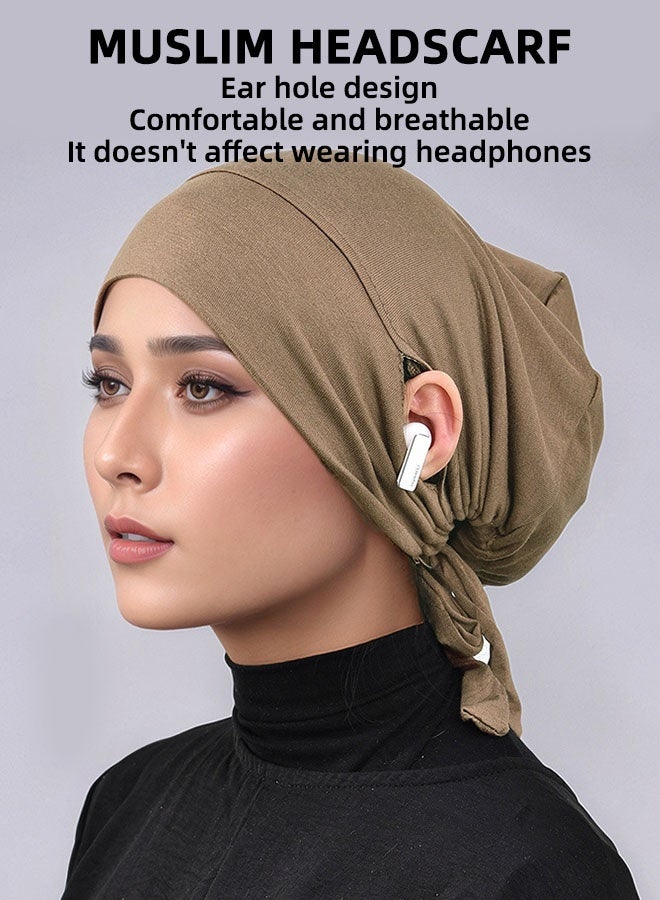 LAVEN Adjustable Elastic Drawstring Solid Color Headscarf For Muslim Women With Modal Elastic Band Ear Piercing Strap Headscarf With Adjustable Mercerized Cotton Headscarf Khaki - Image 2