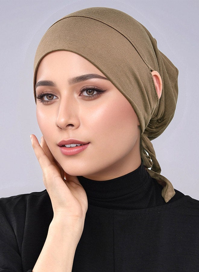 LAVEN Adjustable Elastic Drawstring Solid Color Headscarf For Muslim Women With Modal Elastic Band Ear Piercing Strap Headscarf With Adjustable Mercerized Cotton Headscarf Khaki - Image 1