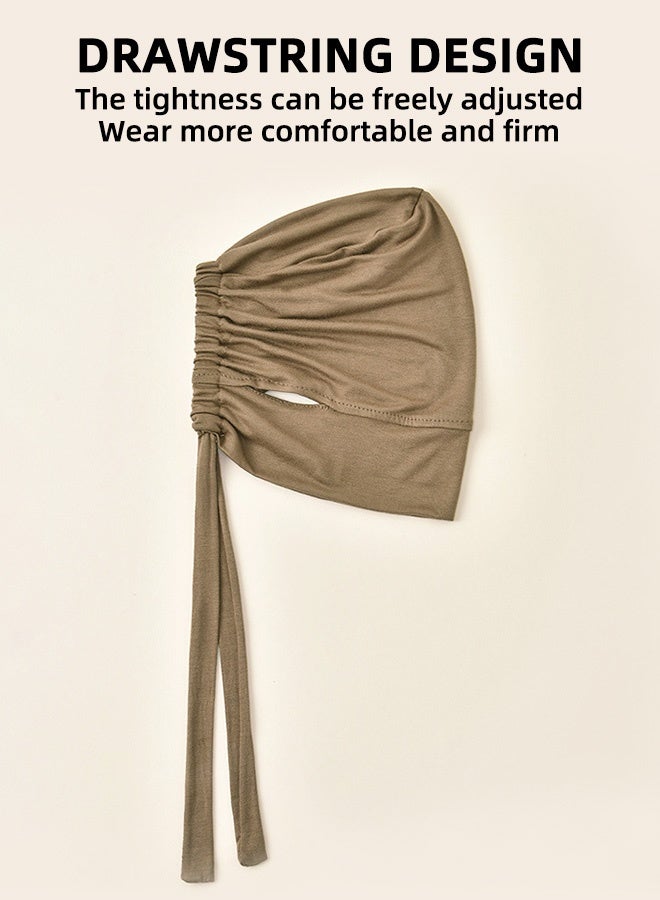 LAVEN Adjustable Elastic Drawstring Solid Color Headscarf For Muslim Women With Modal Elastic Band Ear Piercing Strap Headscarf With Adjustable Mercerized Cotton Headscarf Khaki - Image 3