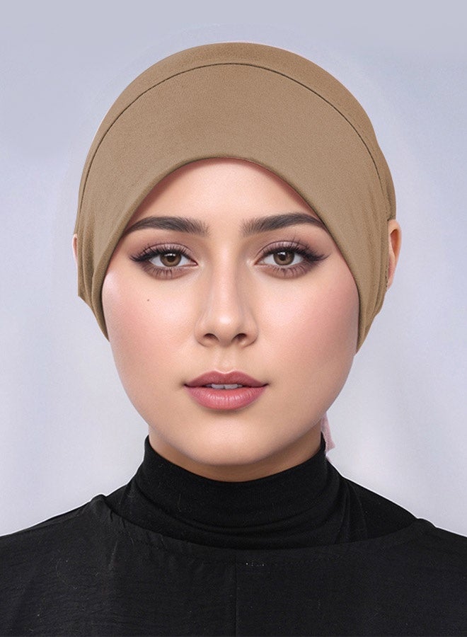 LAVEN Adjustable Elastic Drawstring Solid Color Headscarf For Muslim Women With Modal Elastic Band Ear Piercing Strap Headscarf With Adjustable Mercerized Cotton Headscarf Khaki - Image 4