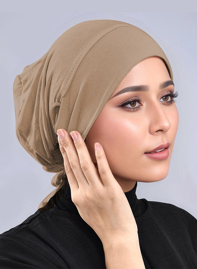 LAVEN Adjustable Elastic Drawstring Solid Color Headscarf For Muslim Women With Modal Elastic Band Ear Piercing Strap Headscarf With Adjustable Mercerized Cotton Headscarf Khaki - Image 5