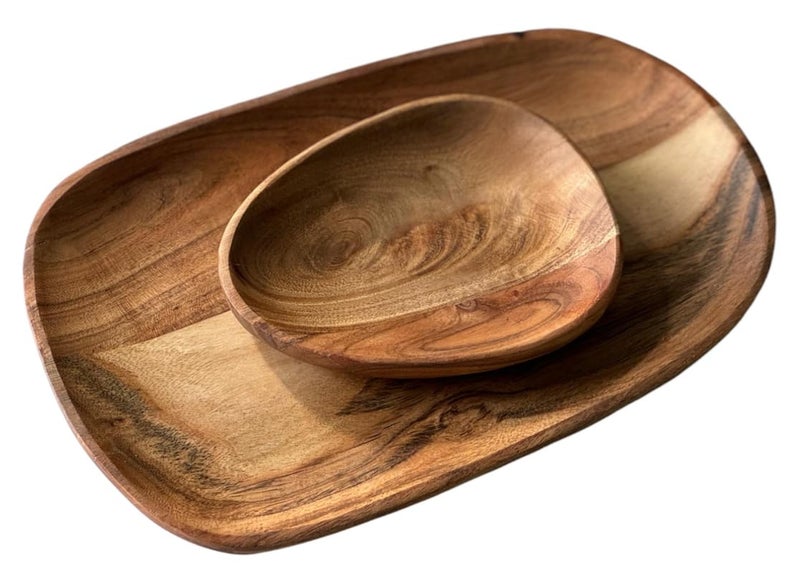 appeasy Wooden Square Tray for Serving Snacks | Handmade Acacia Wooden Platters Serving Tray | Wooden Decorative Platter (Pack of 2-Brown) - Image 1